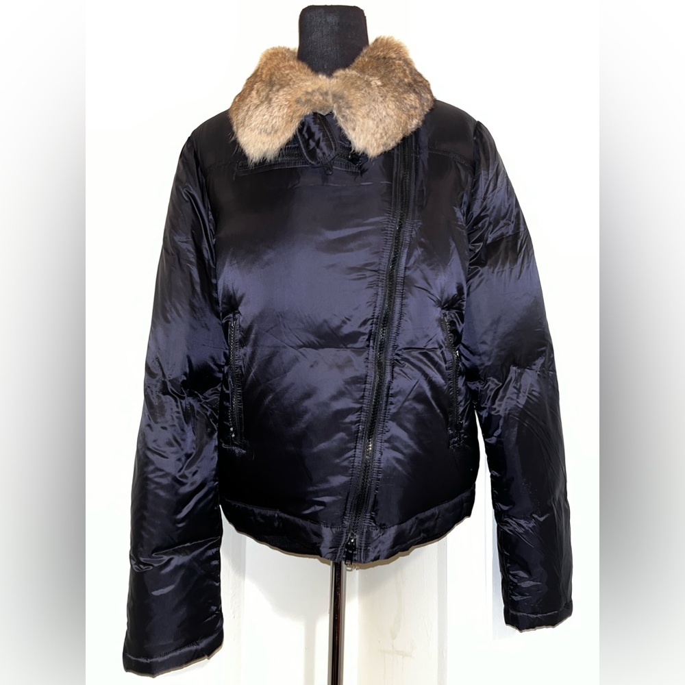 Joseph Black and Tan Fur-Trimmed Goose Down Trucker or Moto style Jacket